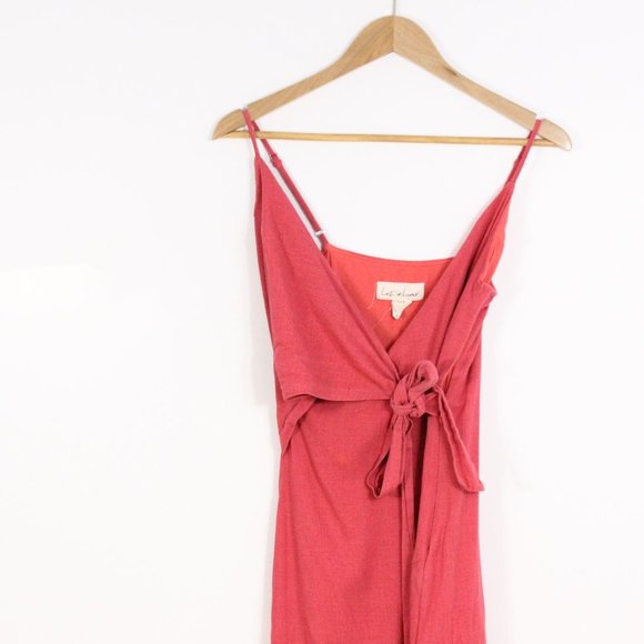 *Lost in Linen Pink V Neck Wrap  Spaghetti Strap Dress - Picture 4 of 5